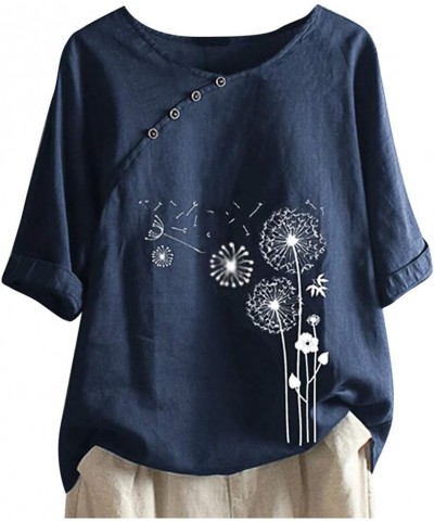 Linen Button Down Shirt Women Half Sleeve Loose Vintage Blouses Top Dandelion Print Casual Summer Comfy Shirts Tops Navy 3 $1...