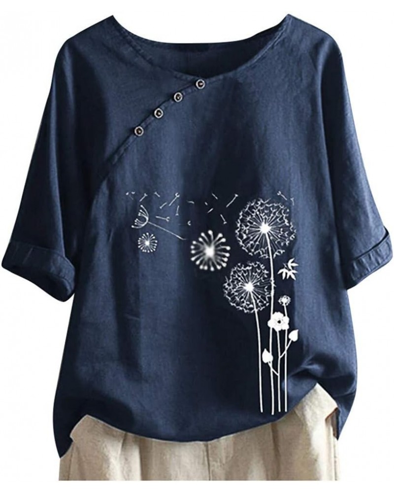 Linen Button Down Shirt Women Half Sleeve Loose Vintage Blouses Top Dandelion Print Casual Summer Comfy Shirts Tops Navy 3 $1...