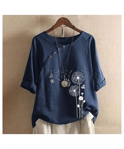 Linen Button Down Shirt Women Half Sleeve Loose Vintage Blouses Top Dandelion Print Casual Summer Comfy Shirts Tops Navy 3 $1...