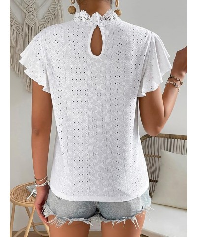 Women's Elegnat Lace Short Sleeve Mock Neck Slim Fit Blouse Work Casual Shirt Tops White $13.19 Blouses