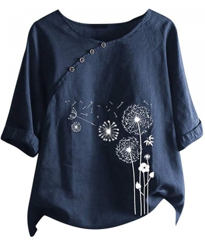 Linen Button Down Shirt Women Half Sleeve Loose Vintage Blouses Top Dandelion Print Casual Summer Comfy Shirts Tops Navy 3 $1...