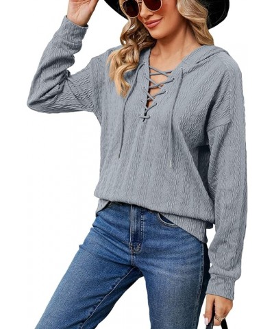 Women Lace Up V Neck Drawstring Hoodies Pure Color Soft Long Sleeve Sweatshirt Pullover Tops Grey $13.73 Hoodies & Sweatshirts