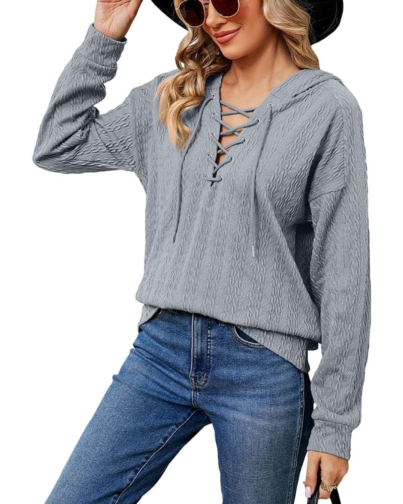 Women Lace Up V Neck Drawstring Hoodies Pure Color Soft Long Sleeve Sweatshirt Pullover Tops Grey $13.73 Hoodies & Sweatshirts