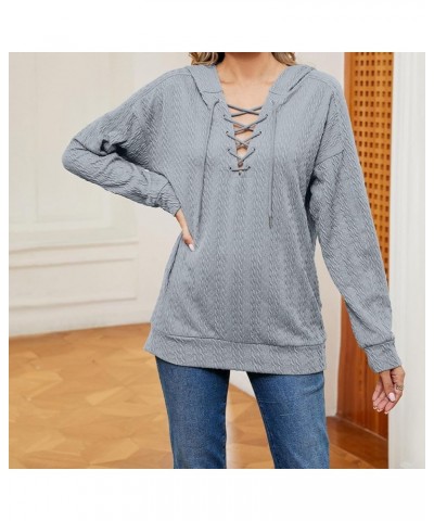 Women Lace Up V Neck Drawstring Hoodies Pure Color Soft Long Sleeve Sweatshirt Pullover Tops Grey $13.73 Hoodies & Sweatshirts