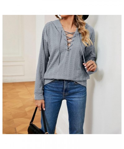 Women Lace Up V Neck Drawstring Hoodies Pure Color Soft Long Sleeve Sweatshirt Pullover Tops Grey $13.73 Hoodies & Sweatshirts