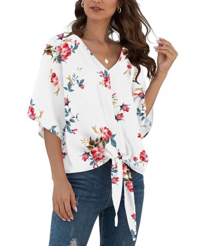 Womens Tie Front Chiffon Blouses V Neck Batwing Short Sleeve Summer Tops Shirts Rose White $13.49 Blouses