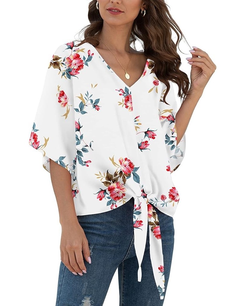 Womens Tie Front Chiffon Blouses V Neck Batwing Short Sleeve Summer Tops Shirts Rose White $13.49 Blouses