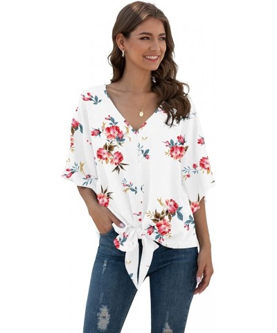 Womens Tie Front Chiffon Blouses V Neck Batwing Short Sleeve Summer Tops Shirts Rose White $13.49 Blouses