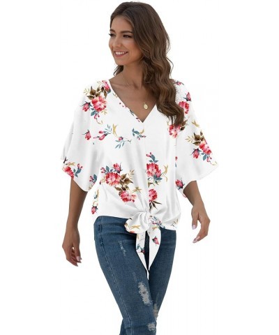 Womens Tie Front Chiffon Blouses V Neck Batwing Short Sleeve Summer Tops Shirts Rose White $13.49 Blouses