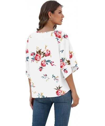 Womens Tie Front Chiffon Blouses V Neck Batwing Short Sleeve Summer Tops Shirts Rose White $13.49 Blouses