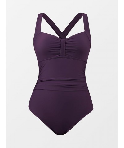 Women's One Piece Swimsuit Ruched Tummy Control Swimwear Cross Back Self-Tie Dark Purple $19.37 Swimsuits