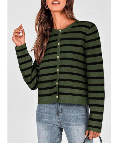 Women's 2024 Winter Cardigan Sweaters Button Down Open Front Long Sleeve Knit Cardigans Shirt Trendy Outerwear Striped Army G...