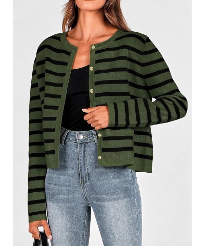 Women's 2024 Winter Cardigan Sweaters Button Down Open Front Long Sleeve Knit Cardigans Shirt Trendy Outerwear Striped Army G...