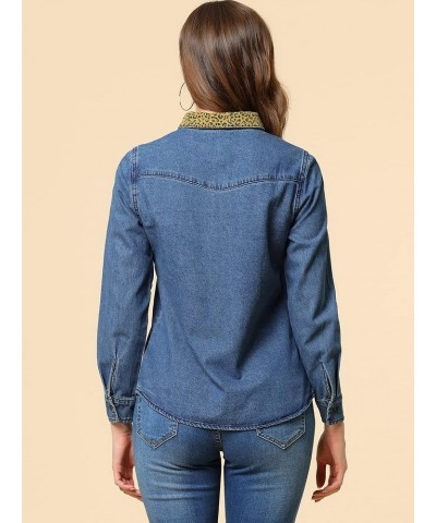 Women's Button Up Jean Shirt Long Sleeve Leopard Denim Jacket Dark Blue $15.58 Jackets