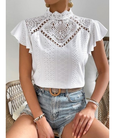 Women's Elegnat Lace Short Sleeve Mock Neck Slim Fit Blouse Work Casual Shirt Tops White $13.19 Blouses