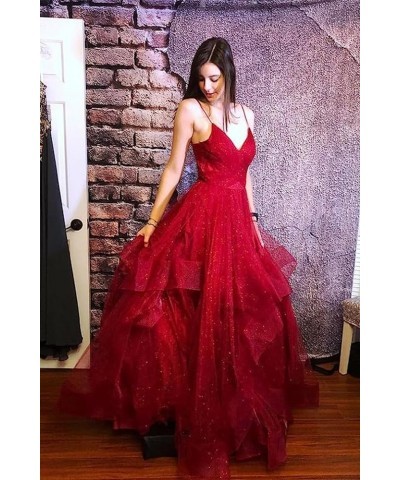 Glitter Tulle Prom Dresses 2024 Spaghetti Straps Ball Gown for Women Long Homecoming Dresses for Teens Plum $43.70 Dresses