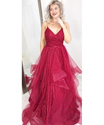 Glitter Tulle Prom Dresses 2024 Spaghetti Straps Ball Gown for Women Long Homecoming Dresses for Teens Plum $43.70 Dresses