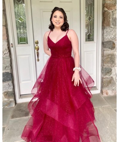 Glitter Tulle Prom Dresses 2024 Spaghetti Straps Ball Gown for Women Long Homecoming Dresses for Teens Plum $43.70 Dresses