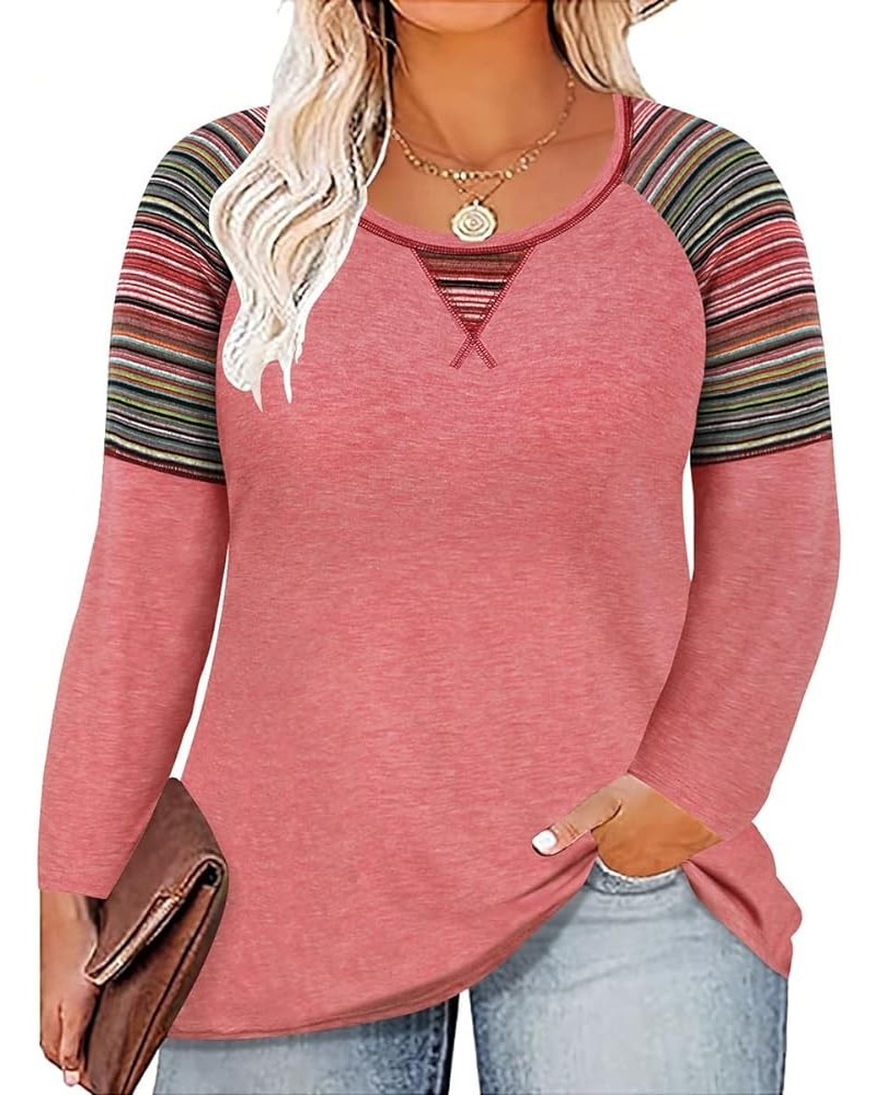 Plus Size Tops for Women Color Block Flower/Striped/Camo Crew Neck Long Sleeve Tee Shirt A58s-pink $12.40 Sweaters