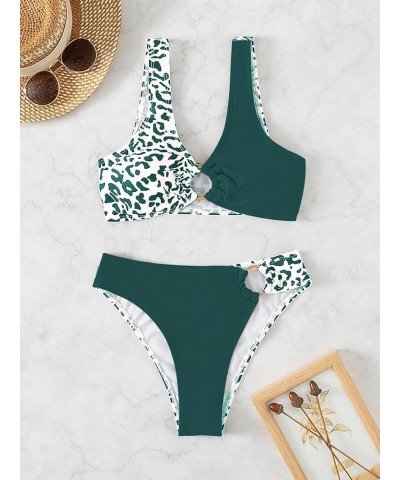 Women's 2 Piece Swimsuit Color Block Leopard Print Ring Linked Bikini Set Bathing Suits Teal Blue Leopard $15.68 Swimsuits