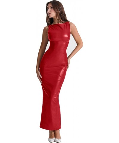 Women's Faux PU Leather Bodycon Maxi Dress Sexy Boatneck Tank Long Dresses Red $19.11 Dresses