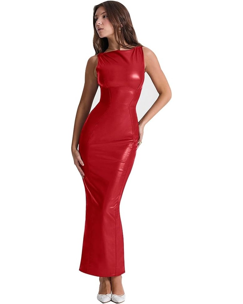 Women's Faux PU Leather Bodycon Maxi Dress Sexy Boatneck Tank Long Dresses Red $19.11 Dresses