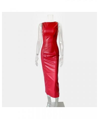 Women's Faux PU Leather Bodycon Maxi Dress Sexy Boatneck Tank Long Dresses Red $19.11 Dresses