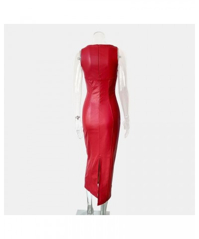 Women's Faux PU Leather Bodycon Maxi Dress Sexy Boatneck Tank Long Dresses Red $19.11 Dresses