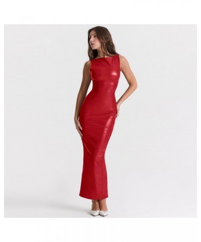 Women's Faux PU Leather Bodycon Maxi Dress Sexy Boatneck Tank Long Dresses Red $19.11 Dresses