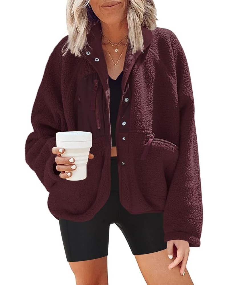 Womens Fuzzy Fleece Jacket Button Down Shacket Casual Sherpa Coats Warm Outwear With Pockets Chocolate $29.57 Jackets