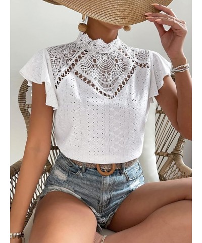 Women's Elegnat Lace Short Sleeve Mock Neck Slim Fit Blouse Work Casual Shirt Tops White $13.19 Blouses