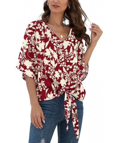 Womens Tie Front Chiffon Blouses V Neck Batwing Short Sleeve Summer Tops Shirts Red-white Flower $13.76 Blouses