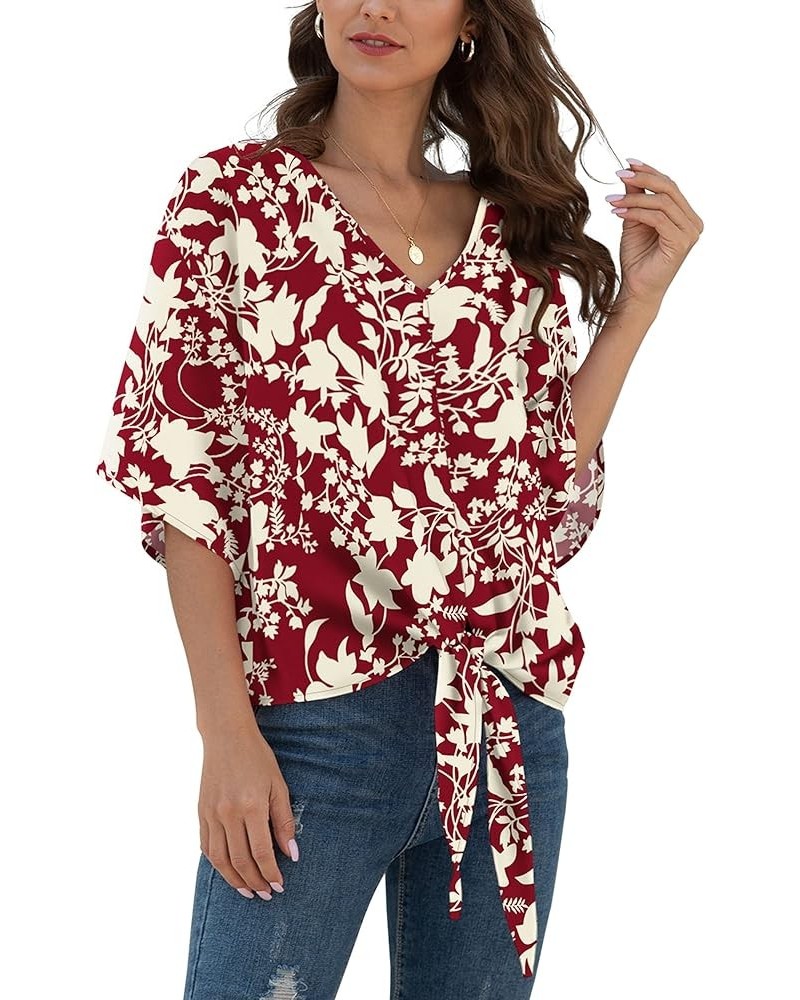 Womens Tie Front Chiffon Blouses V Neck Batwing Short Sleeve Summer Tops Shirts Red-white Flower $13.76 Blouses