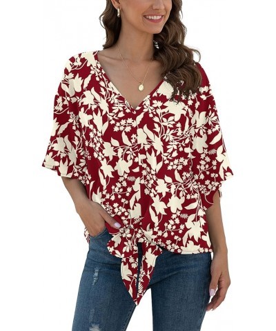 Womens Tie Front Chiffon Blouses V Neck Batwing Short Sleeve Summer Tops Shirts Red-white Flower $13.76 Blouses