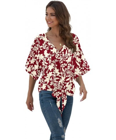 Womens Tie Front Chiffon Blouses V Neck Batwing Short Sleeve Summer Tops Shirts Red-white Flower $13.76 Blouses