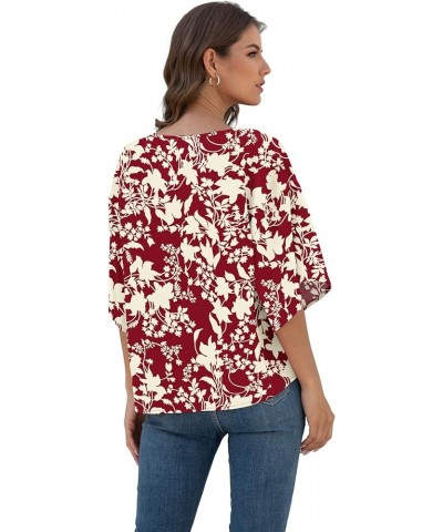 Womens Tie Front Chiffon Blouses V Neck Batwing Short Sleeve Summer Tops Shirts Red-white Flower $13.76 Blouses