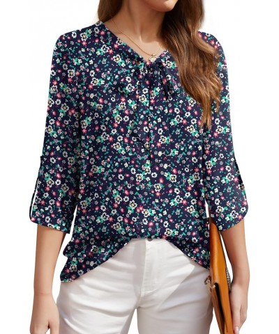 Womens Dressy Blouse Casual 3/4 Cuffed Sleeve Chiffon Work Office Blouses Tops 08 Floral Navy Blue $14.25 Blouses