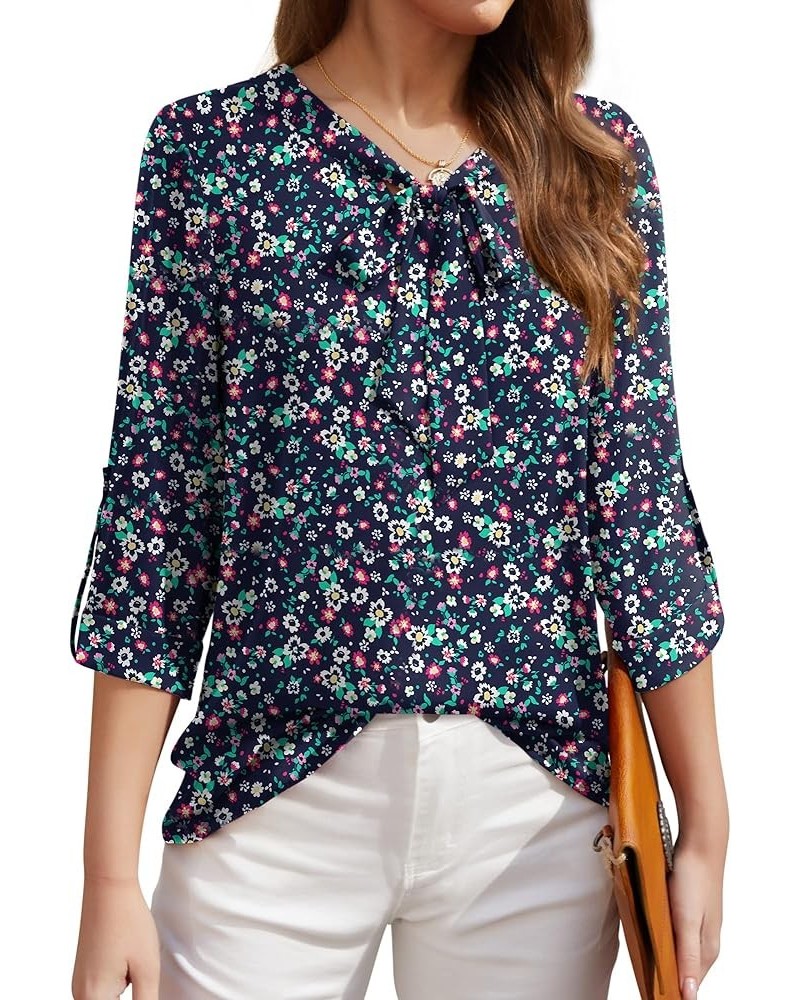 Womens Dressy Blouse Casual 3/4 Cuffed Sleeve Chiffon Work Office Blouses Tops 08 Floral Navy Blue $14.25 Blouses