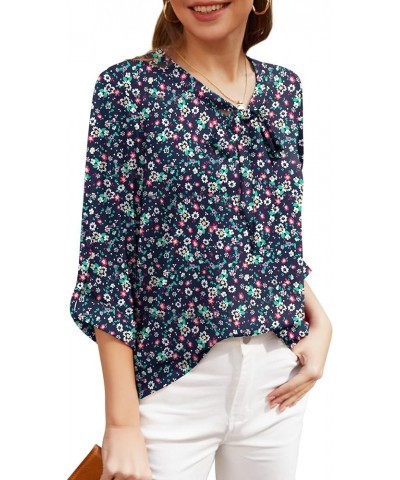 Womens Dressy Blouse Casual 3/4 Cuffed Sleeve Chiffon Work Office Blouses Tops 08 Floral Navy Blue $14.25 Blouses