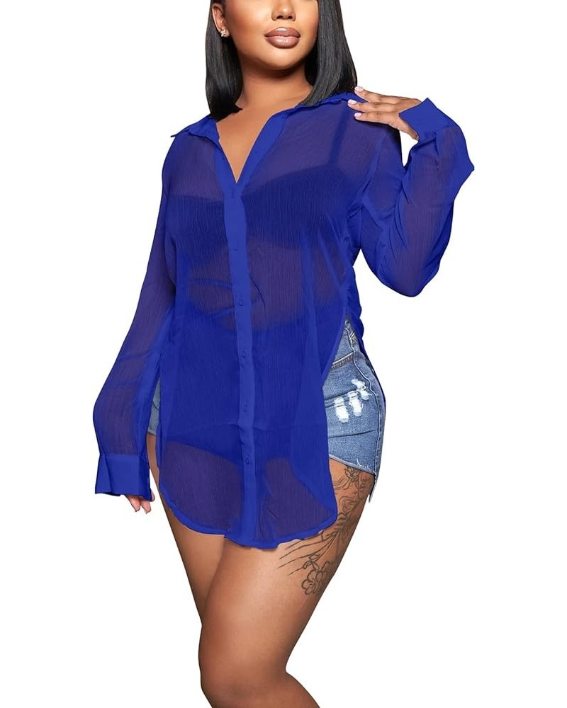 Womens Sexy V-Neck Long Sleeve Button Down Shirts Fashion Blouses Short Mini Dresses H0230-blue $15.74 Blouses