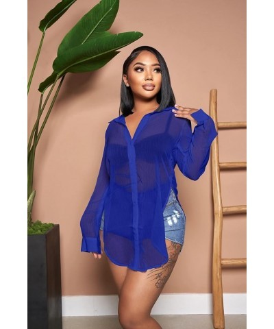 Womens Sexy V-Neck Long Sleeve Button Down Shirts Fashion Blouses Short Mini Dresses H0230-blue $15.74 Blouses