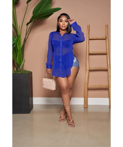 Womens Sexy V-Neck Long Sleeve Button Down Shirts Fashion Blouses Short Mini Dresses H0230-blue $15.74 Blouses