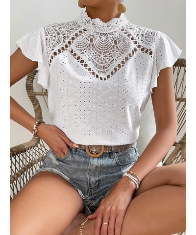 Women's Elegnat Lace Short Sleeve Mock Neck Slim Fit Blouse Work Casual Shirt Tops White $13.19 Blouses