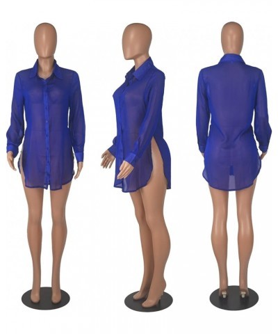 Womens Sexy V-Neck Long Sleeve Button Down Shirts Fashion Blouses Short Mini Dresses H0230-blue $15.74 Blouses