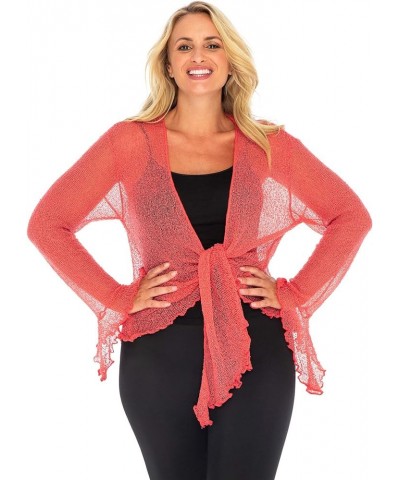 Womens Plus Size Sheer Shrug Bolero Long Sleeves Cropped Cardigan Bell Sleeves 2X 3X 4X Lightweight Coral Pink $17.08 Sweaters