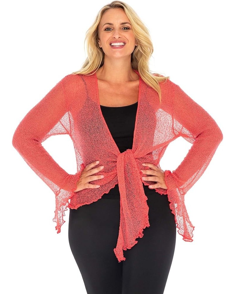 Womens Plus Size Sheer Shrug Bolero Long Sleeves Cropped Cardigan Bell Sleeves 2X 3X 4X Lightweight Coral Pink $17.08 Sweaters