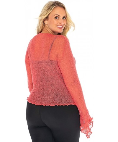 Womens Plus Size Sheer Shrug Bolero Long Sleeves Cropped Cardigan Bell Sleeves 2X 3X 4X Lightweight Coral Pink $17.08 Sweaters