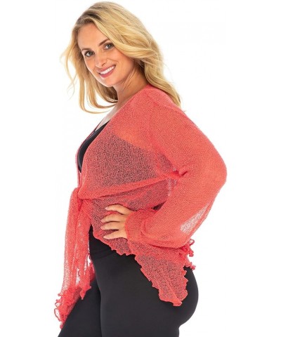 Womens Plus Size Sheer Shrug Bolero Long Sleeves Cropped Cardigan Bell Sleeves 2X 3X 4X Lightweight Coral Pink $17.08 Sweaters