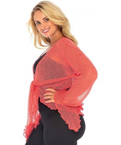 Womens Plus Size Sheer Shrug Bolero Long Sleeves Cropped Cardigan Bell Sleeves 2X 3X 4X Lightweight Coral Pink $17.08 Sweaters