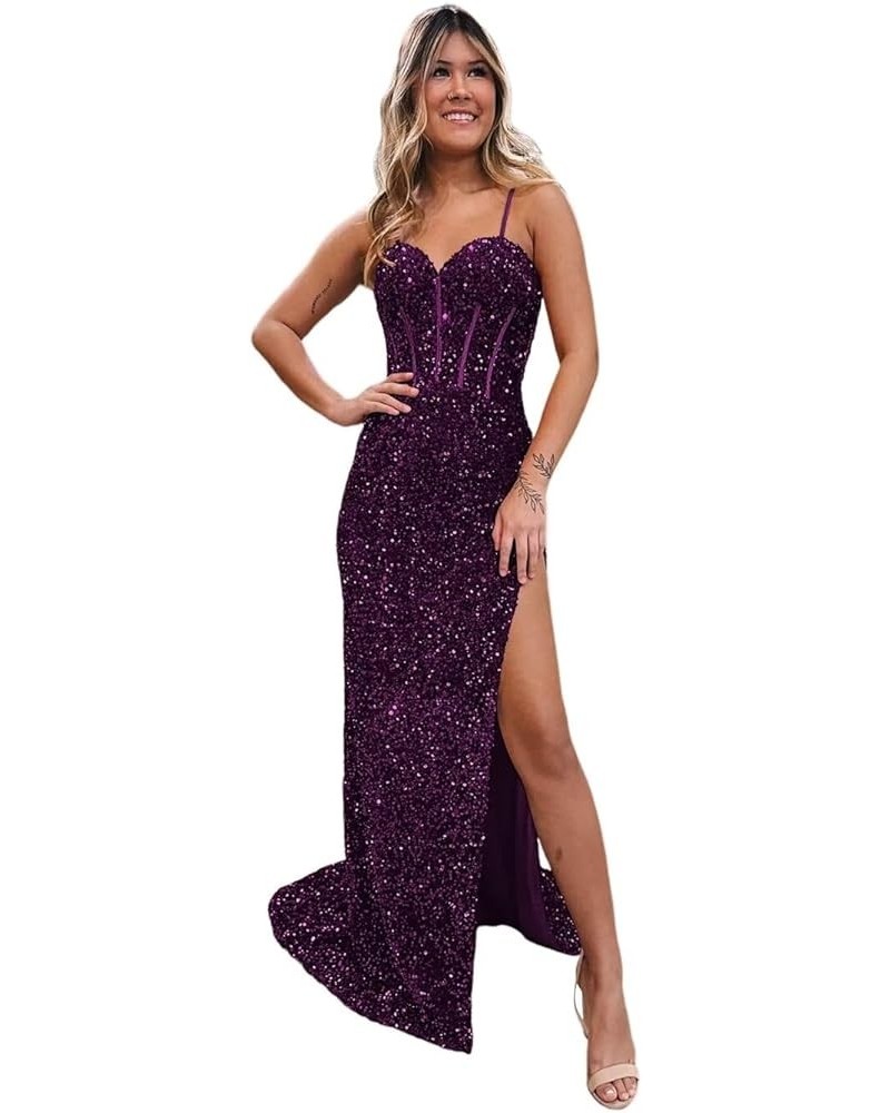 Sparkly Sequin Prom Dresses Long for Teens with Slit V Neck Mermaid Evening Party Gowns 2024 VS034 A Plum $25.42 Dresses